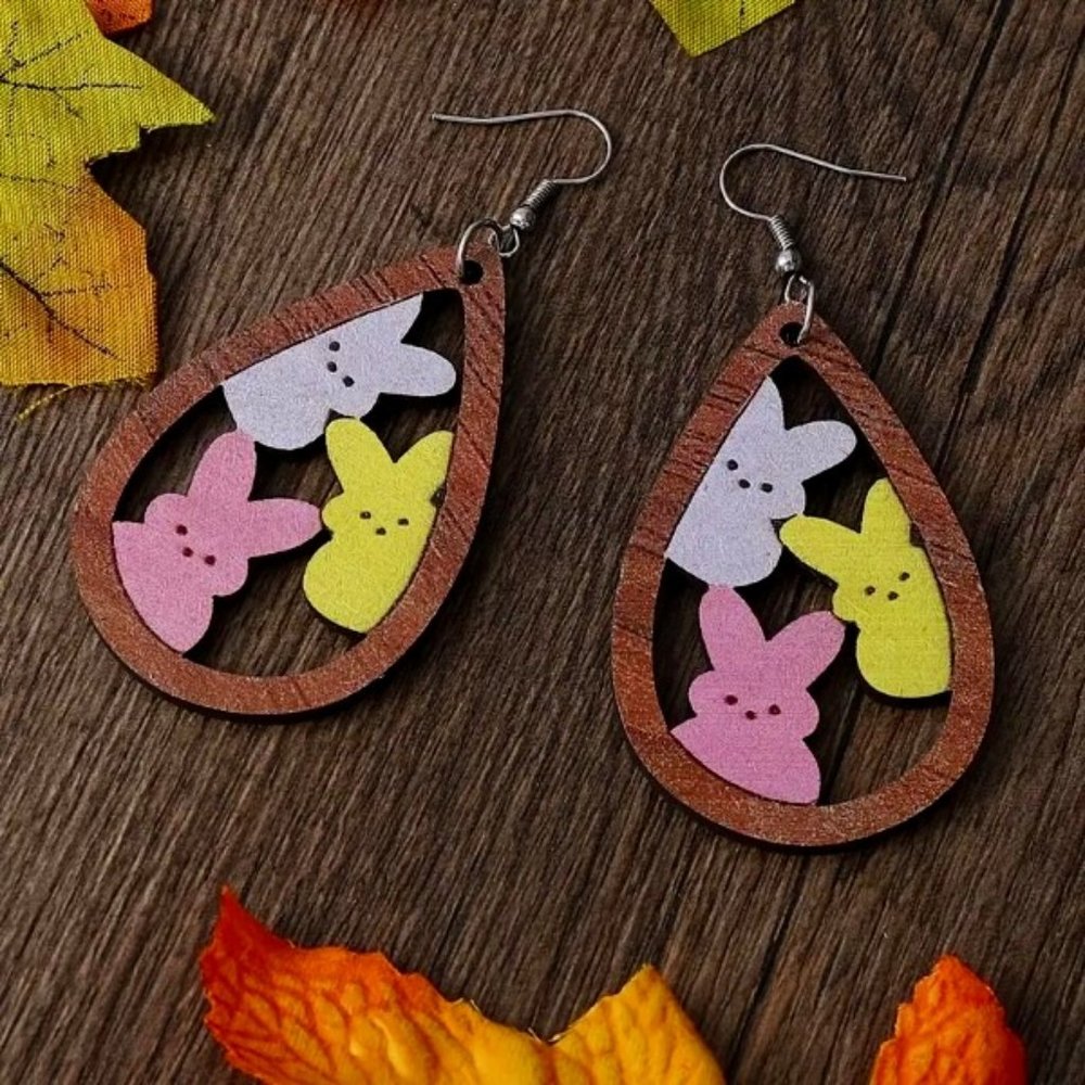 Wooden Peeps Double-sided‎ Teardrop Earrings NWT